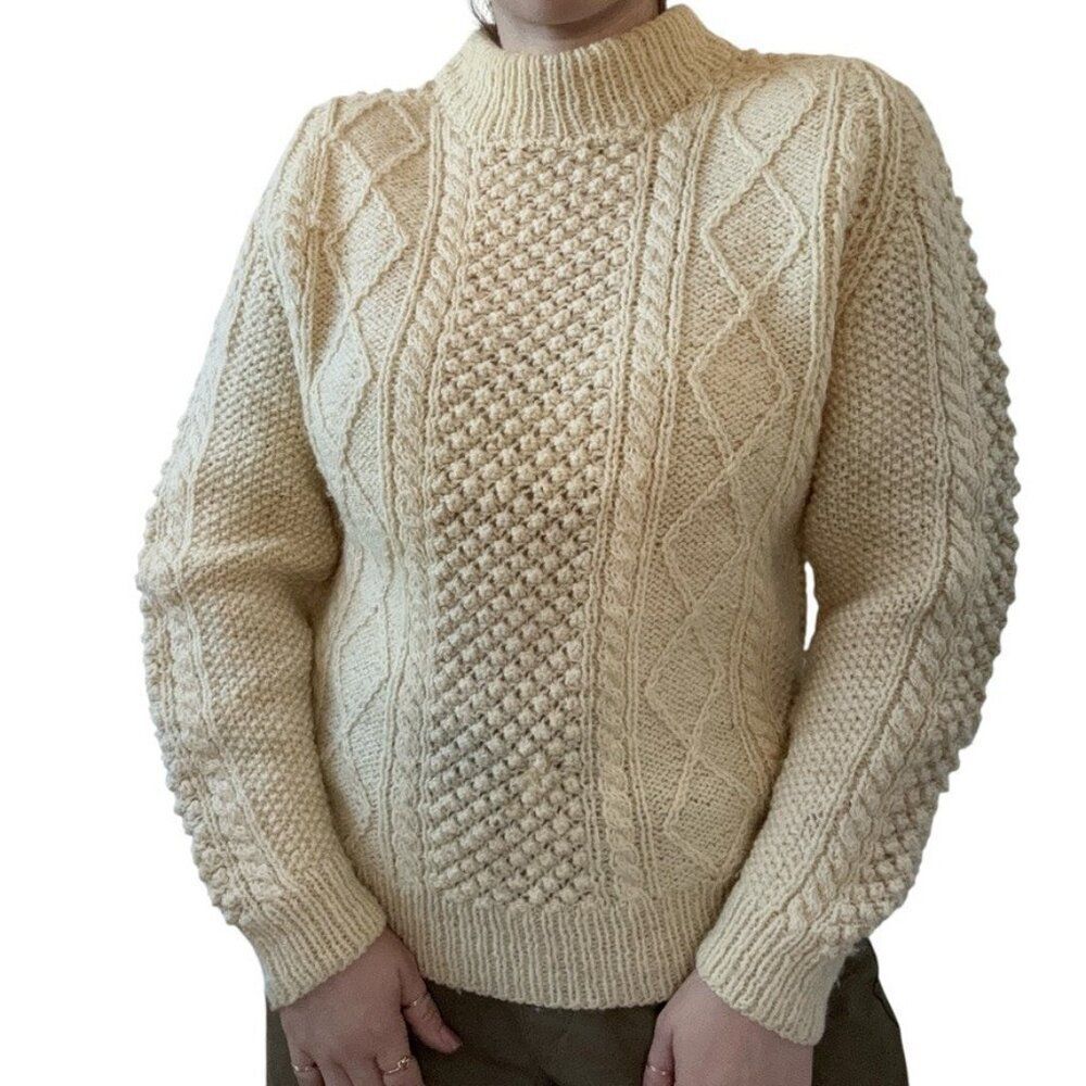 Vintage 1950s Hand Knit White 100% Wool Scottish Fisherman Chunky Sweater Sz M
